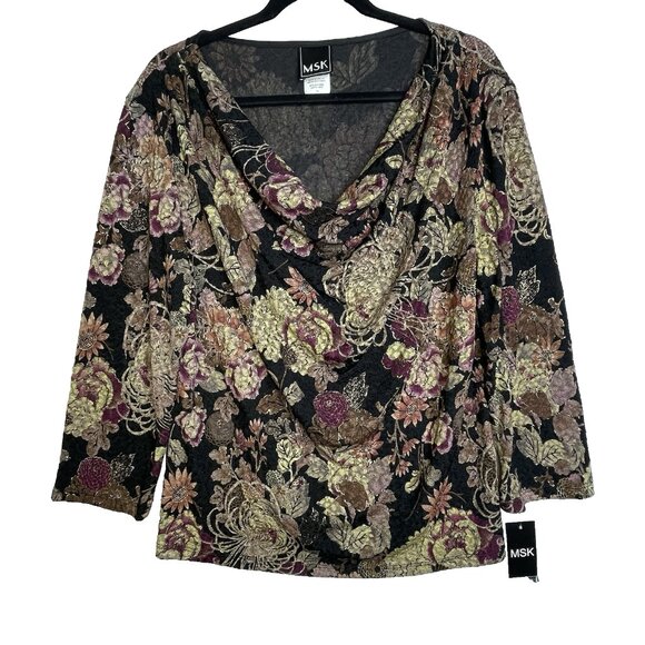 NWT MSK Floral Blouse. XL Cowl Neck Gold Glitter Whimsical Fairy Boho - Picture 1 of 14